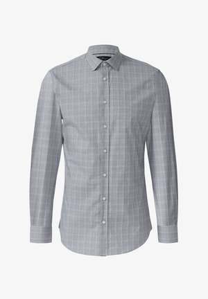Chemise grise à boutons avec un motif à carreaux, manches longues, col, et coupe slim. Fabriquée en tissu léger avec une texture lisse.