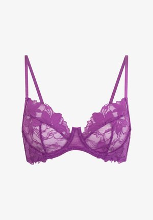 Paarse kanten beha met verstelbare banden, voorzien van bloemenpatronen, een diep decolleté en gedetailleerde scalloped randen.