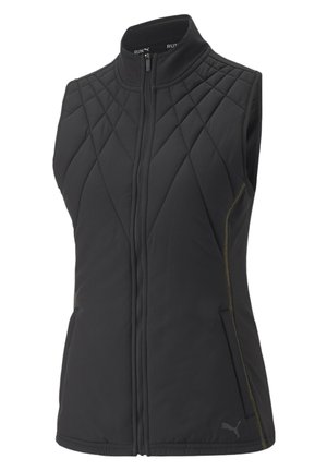 Zwart mouwloos gewatteerd vest met voorrits, hoge kraag, zijzakken en Puma-logo bij de onderste zoom.