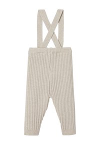 Baby-Rippoverall in Hellbeige mit überkreuzten Trägern, schmal zulaufenden Beinen und strukturiertem Strickmuster. Hergestellt aus weichem, flexiblem Material.
