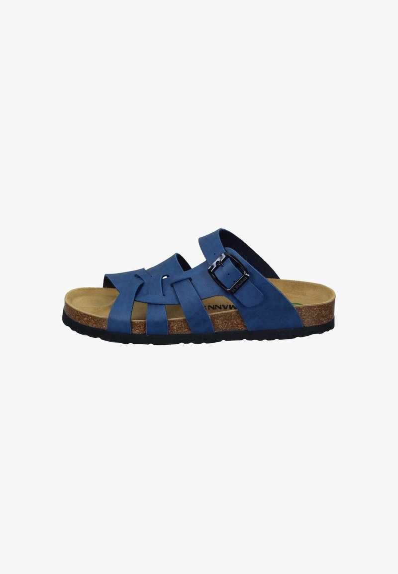 Sandal blu con più cinghie, fibbia nera, suola in sughero e battistrada nero, mostrata di lato su uno sfondo bianco.