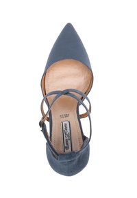 Scarpa con punta a punta in suede blu con cinturino alla caviglia. Presenta una soletta in pelle beige e un interno liscio con un bordo piatto sul tallone.