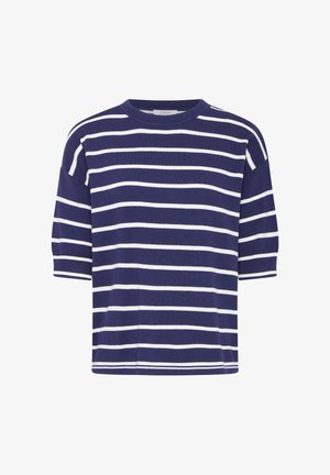 Tumši zila svītraina T-krekls ar baltām horizontālām svītrām, īsām piedurknēm, apaļu kakla izgriezumu un vaļēju piegriezumu, darināts no mīksta auduma.