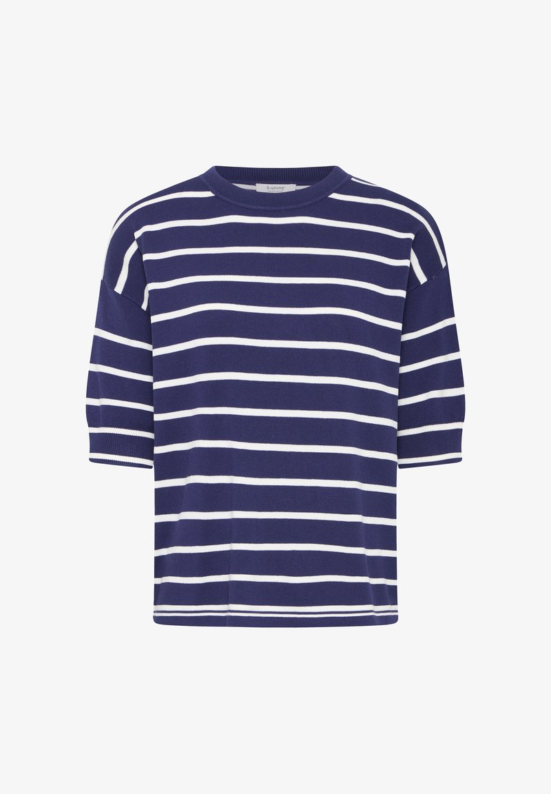 Tmavě modré pruhované tričko s bílými vodorovnými pruhy, krátkými rukávy, kulatým výstřihem a volným střihem z měkké tkaniny.