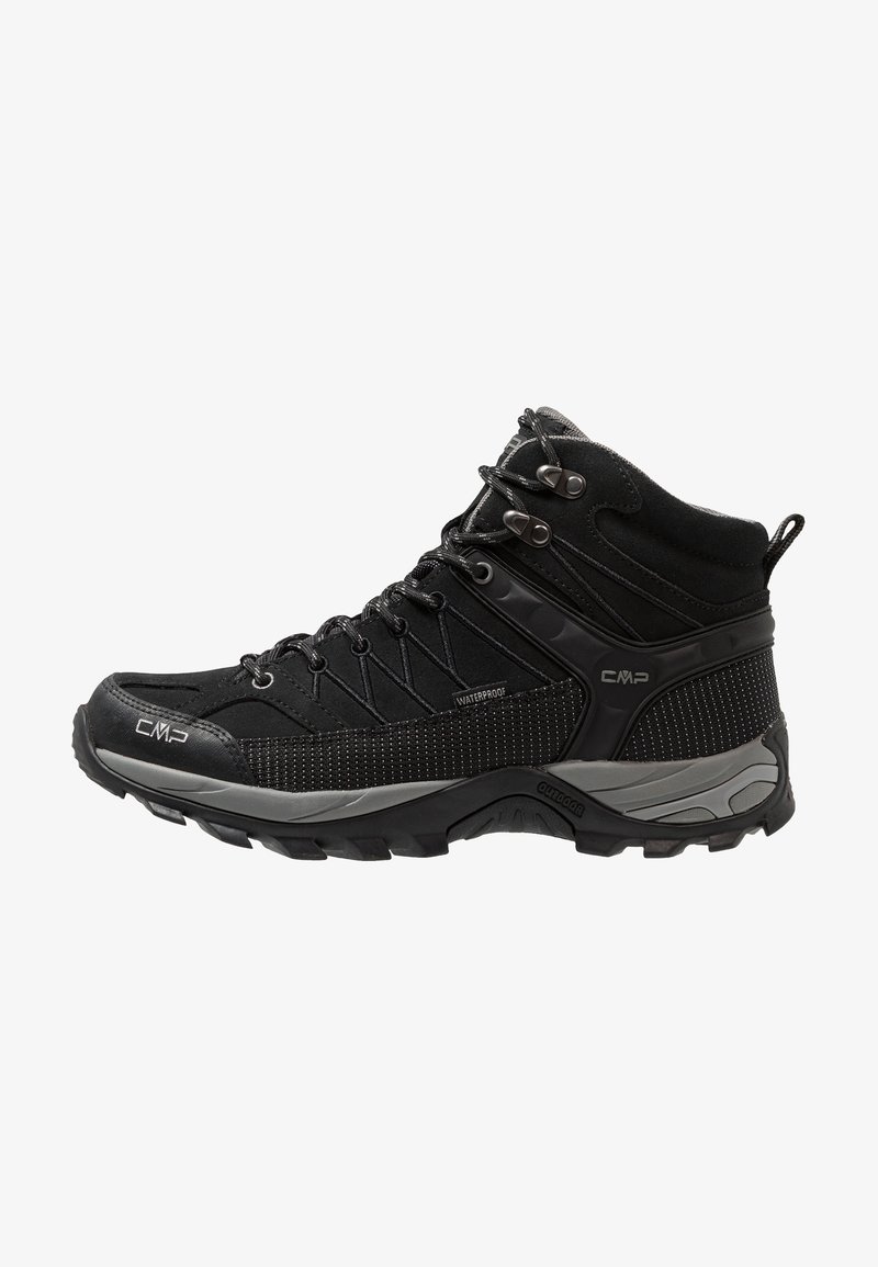 Scarpa da trekking impermeabile nera con upper testurizzato, design con stringhe, colletto imbottito e dettagli a motivo sui lati e sulla suola.