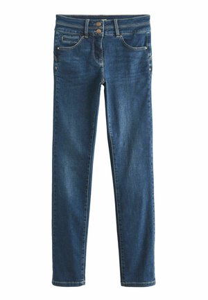 Mörkblå denim slim-fit jeans med medelhög midja, som har två framfickor, en myntficka och dubbelknäppning.