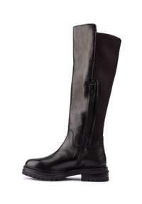 Black knee-high boots featuring a shiny leather exterior and a textured fabric panel. Side zipper and thick rubber sole for added traction.