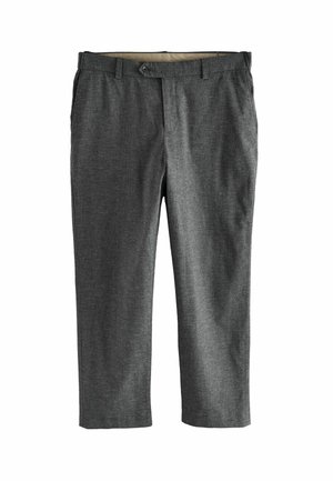 Gray, knee-length trousers made of textured fabric, featuring a button closure and pockets, with a plain design and straight leg cut.