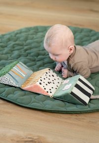 Tekstuuriga aistitav mänguasi, millel on mitmeid kangamustreid: täpid, triibud, rohulised aktsendid ja värvilised ribad; asetatud rohelisele tikitud matti.