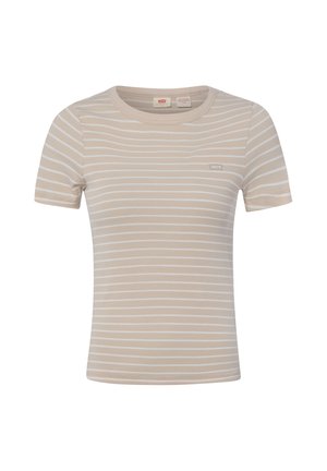 T-shirt côtelé beige manches courtes avec fines rayures blanches horizontales et petit logo sur la poitrine gauche.