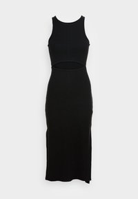 Vestido preto sem mangas com um design ajustado, apresentando um recorte na cintura e fendas laterais, feito de um tecido malha texturizado.