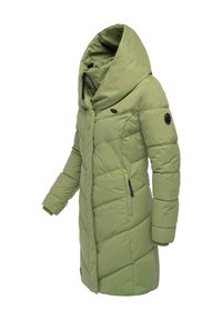 Puffer coat in light green with a high collar, quilted design, zippered front, and pockets; features a logo on the sleeve.