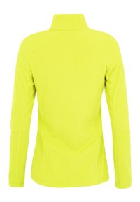 Veste polaire jaune néon à manches longues avec un col montant, vue de dos, avec une coupe ajustée et des détails de coutures simples.