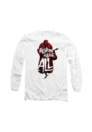 White long-sleeve t-shirt featuring a red design of a character in a fur coat, with bold text reading "FASHION ABOVE ALL" in black.