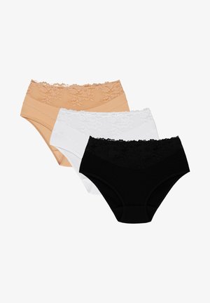 Tre paia di mutandine di cotone per donna: una nuda, una bianca, una nera, ciascuna con un bordo in pizzo lungo l'elastico e una parte liscia.