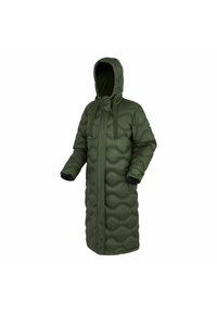 Long manteau d'hiver matelassé vert olive avec capuche, fermeture éclair intégrale à l'avant, cordons de serrage et manches longues.
