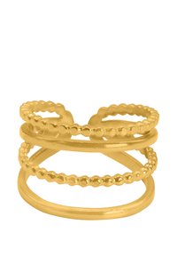Bague dorée avec des bandes entrelacées, ornées de perles et de détails en scallop. Texture lisse avec une finition polie. Design empilable multiple.