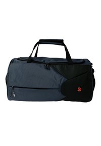 Donkerblauwe duffeltas met zwarte accenten, gemaakt van duurzaam materiaal. Voorzien van twee bovenhandgrepen en een zijvak met ritssluiting. Geometrische designelementen.