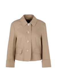 Beige cropped jacket made from smooth fabric. Features a broad collar, five large buttons, and two front pockets. Long sleeves with cuff details.