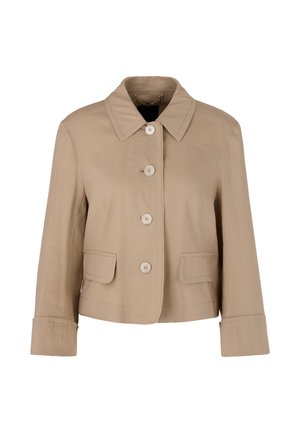 Beige cropped jacket made from smooth fabric. Features a broad collar, five large buttons, and two front pockets. Long sleeves with cuff details.