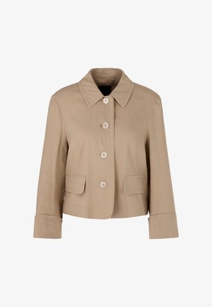 Beige cropped jacket made from smooth fabric. Features a broad collar, five large buttons, and two front pockets. Long sleeves with cuff details.