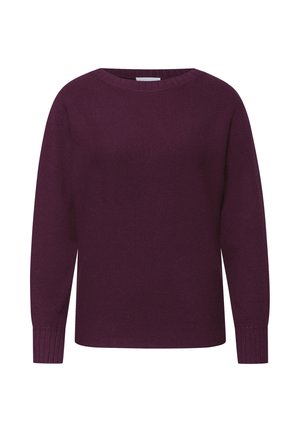 Violet pullover sweater, made of soft knit fabric, features a crew neck, long sleeves, and ribbed cuffs. Simple, unadorned design.