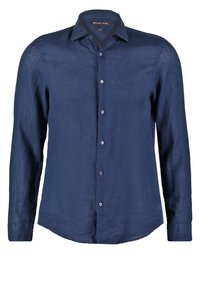 Mörkblå linneskjorta med lång ärm och knäppning med krage, fem knappar fram och rundad nederkant. Slät textur, utan mönster.