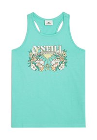 Turkos linne i mjukt tyg, med en blommig grafisk design som har texten "O'Neill Surf Supply Co" och året "1952".