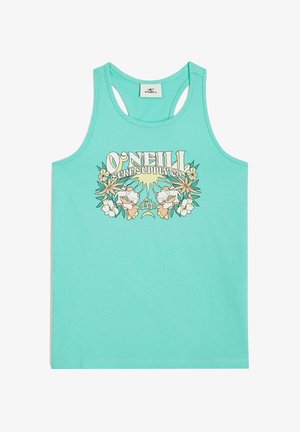 Tyrkysový top na ramienka vyrobený z jemnej tkaniny, s kvetinovým grafickým dizajnom a textom "O'Neill Surf Supply Co" a rokom "1952."
