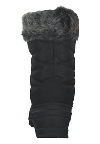 Schwarzer Winterstiefel mit einer gesteppten Oberfläche und einem gefütterten Kunstfellrand an der Oberseite. Verfügt über eine robuste Gummisohle und einen gepolsterten Schaft für zusätzliche Isolierung.