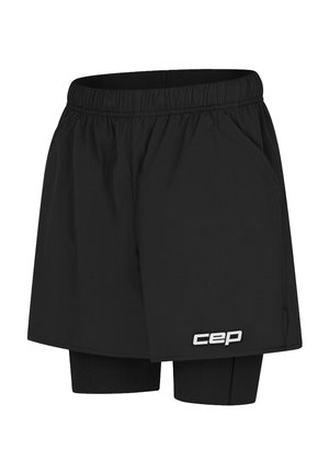 Black athletic shorts with an elastic waistband, featuring a layered design and a logo at the hem. Material is smooth and lightweight.