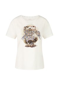 White cotton T-shirt featuring a graphic of a sheep wearing a patterned blue and beige scarf. Round neckline and short sleeves.