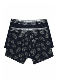Navy blue boxer briefs featuring a tropical leaf pattern in beige and cream. Elastic waistband with "JP1880" branding. Soft cotton material.