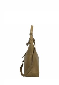 Borsa a spalla in pelle tan con una maniglia superiore singola, tracolla regolabile e una superficie liscia. Presenta accessori in metallo e dettagli cuciti.