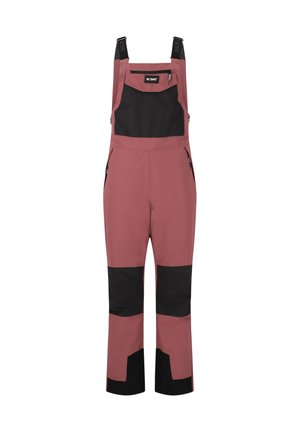 Wasserfeste Latzhose in Pink und Schwarz mit verstellbaren Trägern, Reißverschlusstaschen und verstärktem Stoff an den Knien und am Saum.