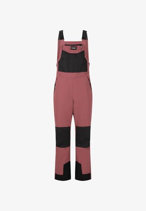 Pink og sorte vandtætte bib overalls med justerbare stropper, lynlåsede lommer og forstærket stof ved knæ og bund.