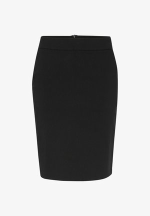 Jupe crayon noire dotée d'une texture de tissu lisse, d'une forme ajustée et d'une fermeture éclair dissimulée au dos. Aucun embellissement supplémentaire.