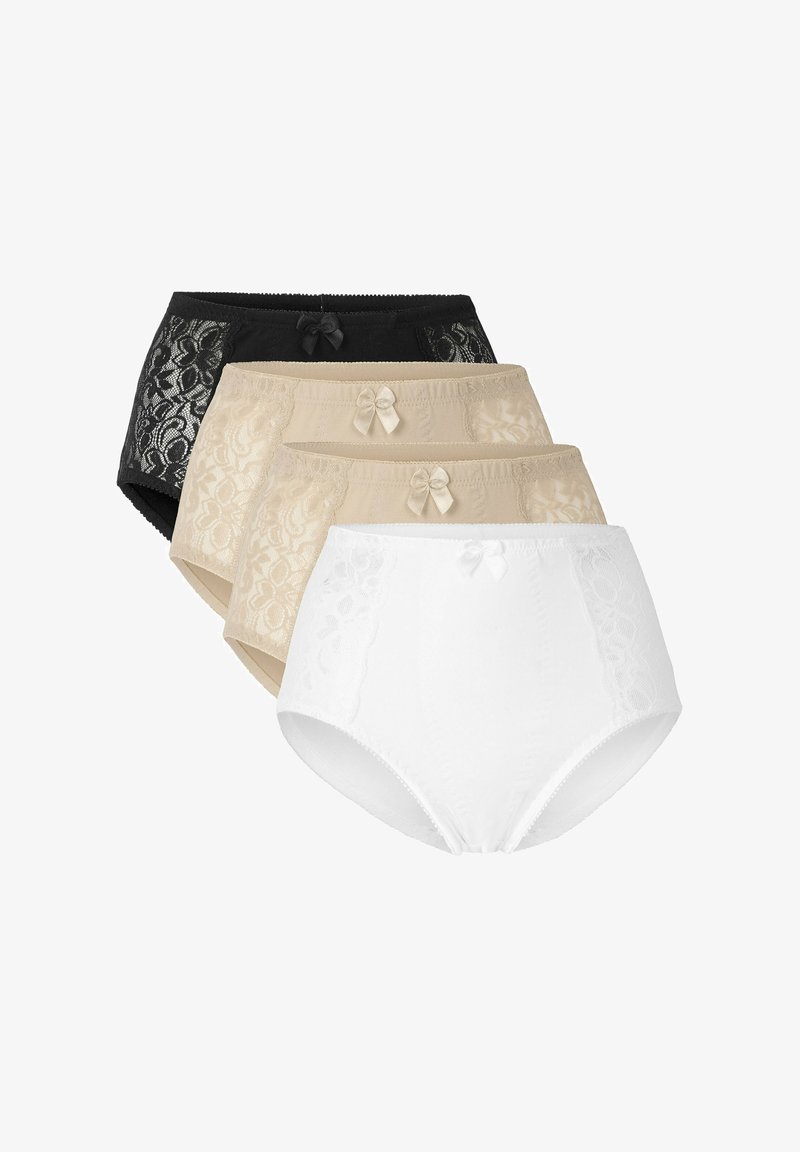 Vier Paare Damen-Hochschnittunterwäsche in Schwarz, Beige und Weiß. Spitze Details an den Seitenpaneelen; jede hat eine kleine Schleifenakzent.