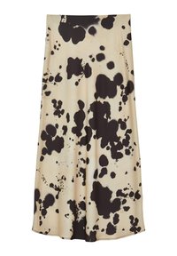 Jupe maxi beige avec un motif éclaboussé abstrait noir. Tissu lisse et léger, silhouette évasée et taille élastique.