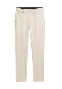 Beige Hosen mit geradem Schnitt, ausgestattet mit zwei Seitentaschen und einem schwarzen Bund. Glatter Stoff mit feiner Textur.