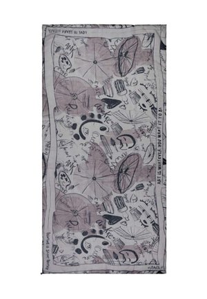 Tessuto con schizzi artistici in bianco e nero, tra cui ombrelli, palette di colori, pennelli, sorrisi e la frase "L'arte è whatever tu voglia che sia."