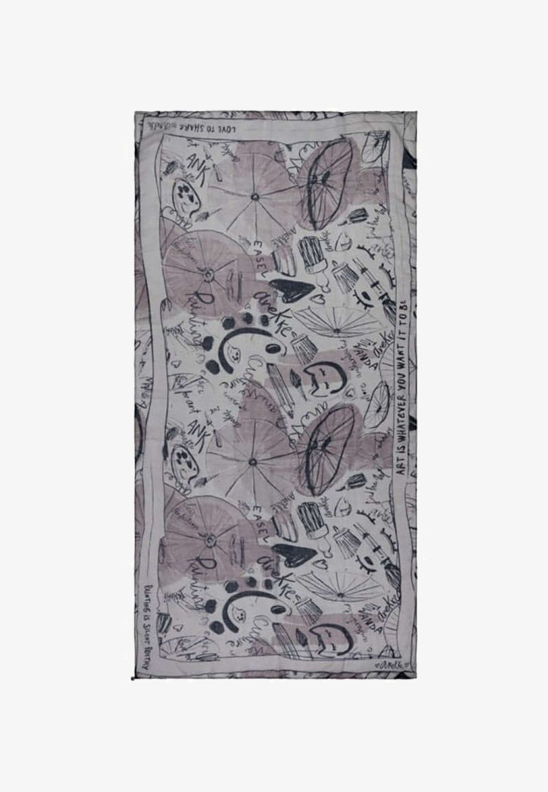 Tessuto con schizzi artistici in bianco e nero, tra cui ombrelli, palette di colori, pennelli, sorrisi e la frase "L'arte è whatever tu voglia che sia."