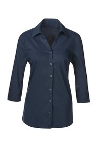 Marineblaues Hemd mit Knöpfen, klassischem Kragen und Dreiviertelärmeln. Hergestellt aus glattem Material, das einen leichten Glanz aufweist und eine taillierte Form hat.