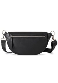 Black leather fanny pack with a rounded shape, front zip pocket, and adjustable strap. Smooth texture and silver hardware accents.