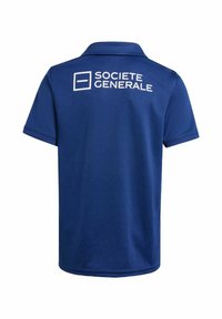 Námorníckou modrú polo košeľu vyrobenú z hladkej látky, so bielym logom "SOCIETE GENERALE" na zadnej strane, s klasickým golierom a krátkymi rukávmi.