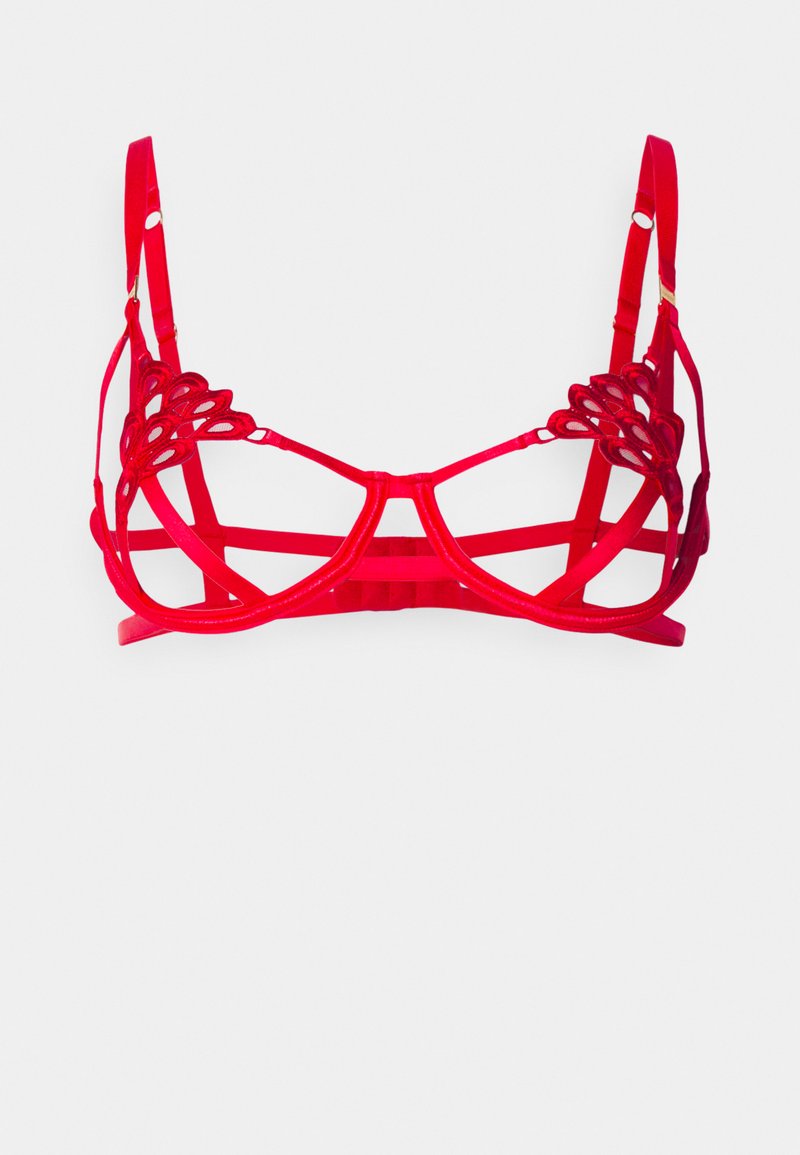 Red lingerie bra featuring sheer cups with a decorative scalloped trim, adjustable straps, and a strap design for added detail.