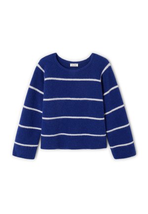 Maglione blu a maniche lunghe con scollatura rotonda e strisce orizzontali bianche sul corpo e sulle maniche.