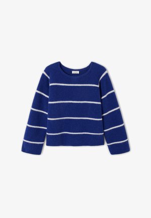 Modrá dlhá mikina s dlhým rukávom a okrúhlym výstrihom, s bielymi horizontálnymi pruhmi na tele a rukávoch.