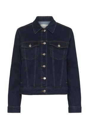 Dunkelblaue Jeansjacke mit langen Ärmeln, silbernen Knöpfen vorne und zwei Brusttaschen mit Klappen und Knöpfen.