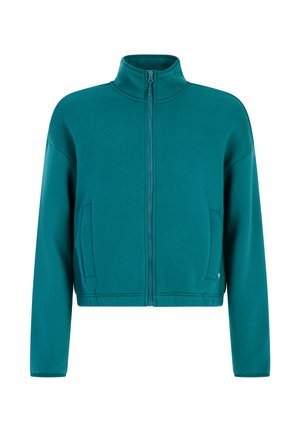 Tyrkysová mikina na zip s vysokým límcem, dlouhými rukávy, bočními kapsami a elastickým lemem, zobrazená čelním pohledem na bílém pozadí.